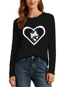 Bonita camiseta con estampado de gato y corazón para mujer, tela de mezcla de algodón suave, camiseta casual de verano holgada para uso diario y más - Negro - Ver 11