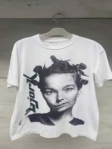 Bjork Hyperballad Graphic T-Shirt | Unisex, Crew Neck, Short-Sleeved T-Shirt With Graphic Featuring Björk's Portrait And Song Cover Art. Suitable For All Seasons, For Music Lovers And As A Collector's Item. Loose And Comfortable. - White - View 1