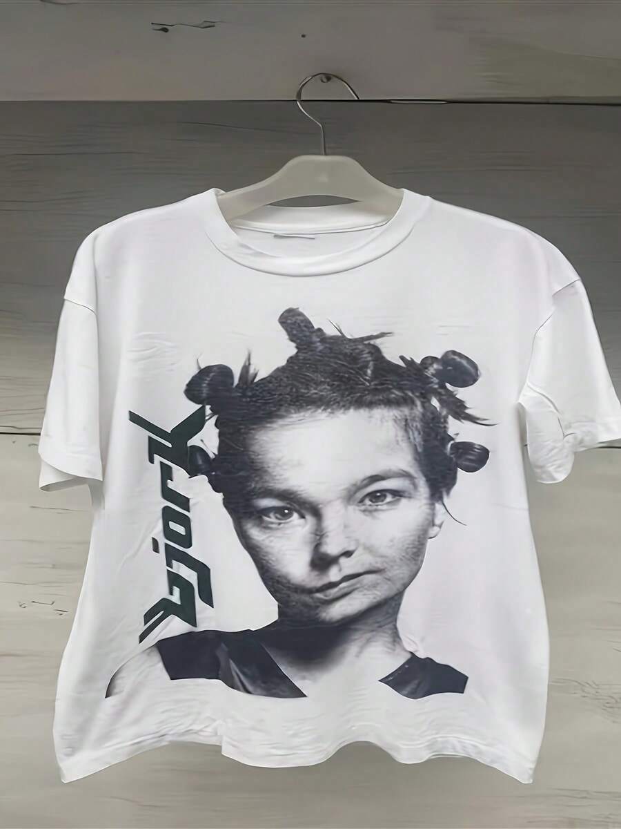 Bjork Hyperballad Graphic T-Shirt | Unisex, Crew Neck, Short-Sleeved T-Shirt With Graphic Featuring Björk's Portrait And Song Cover Art. Suitable For All Seasons, For Music Lovers And As A Collector's Item. Loose And Comfortable. - White - View 1