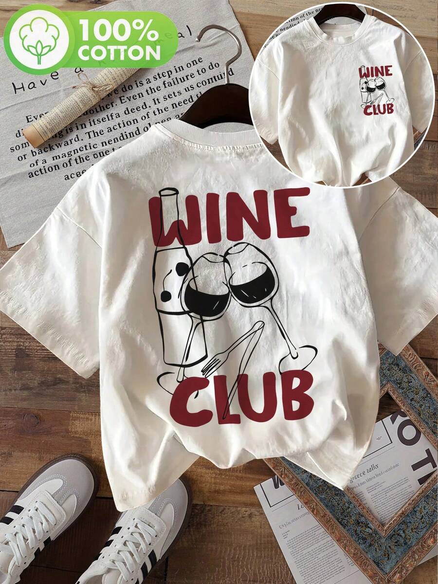| Exquisite Design | Loose And Comfortable | Easy To Match | [Double-Sided Print] Women's Summer Clothes, Short Sleeve, Vintage Style, Text, Wine Glass Print, Round Neck, Pure Cotton Short Sleeve T-Shirt [LangK] - 白色 - 查看 1