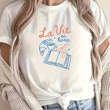Camiseta estampada de alta gama para mujer, estilo literario, estilo parisino, moda divertida, estilo universitario, estética del libro, predestinada a leer citas francesas. - Blanco - Ver 6