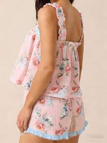 Women's Floral Print Ruffled Cami  Shorts Loungewear Set, Square Neck Bow Detail Pajama Set - Pink - View 4