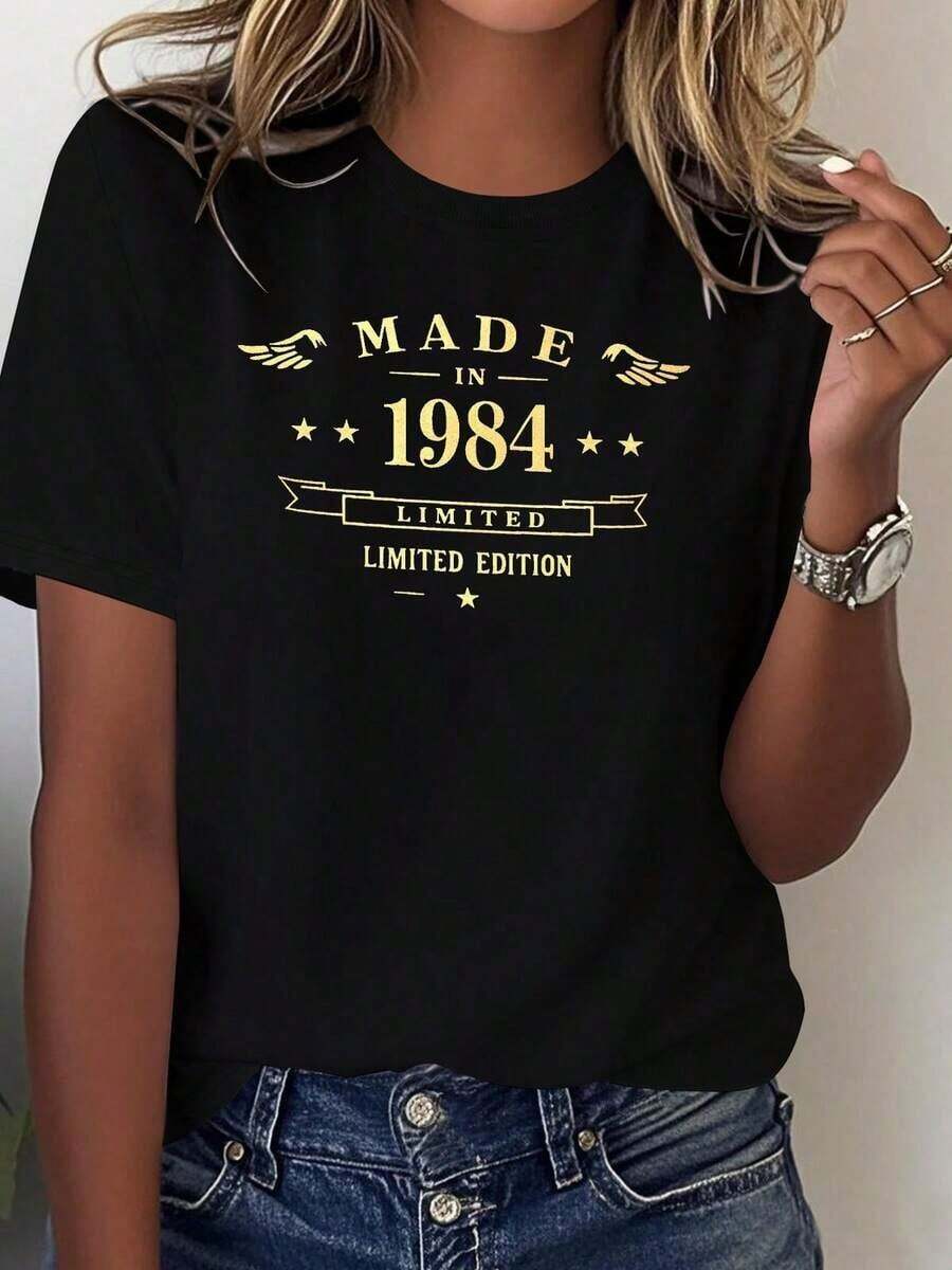 Women's T-Shirt, Vintage 1984 Graphic Tee, Gift For Birthday, Christmas, Mother's Day, Valentine's Day, Casual Black Short Sleeve Crew Neck T-Shirt - 黑色 - 查看 1