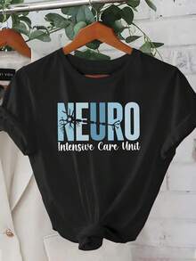 Women's T-Shirt, New Summer Collection 2026, With An ICU Neurology Print, Beautiful, Elegant, Fashionable, Casual, Korean Style Clothing, T-Shirt For Spring And Summer. - 黑色 - 查看 1
