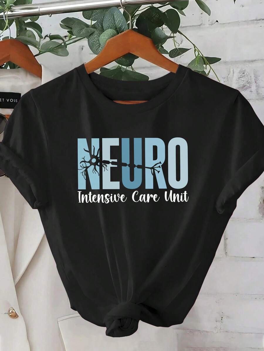 Women's T-Shirt, New Summer Collection 2026, With An ICU Neurology Print, Beautiful, Elegant, Fashionable, Casual, Korean Style Clothing, T-Shirt For Spring And Summer. - 黑色 - 查看 1