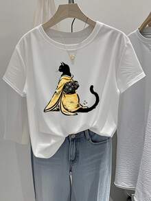 Women's T-Shirt, Regular Style Short Sleeve - 2D Geometric Design Of A Cat Wearing Japanese Style Clothing, Sitting Elegantly, Casual Short Sleeve Top With Round Neck Suitable For All Seasons, Available In Various Colors And Sizes, Festive Fashion, Retro Aesthetic, Breathable Material, Fun Print. - 白色 - 查看 1