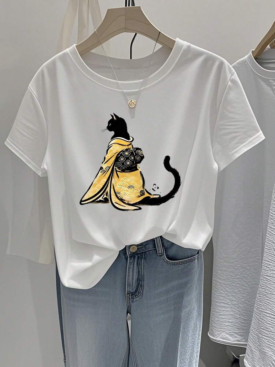 Women's T-Shirt, Regular Style Short Sleeve - 2D Geometric Design Of A Cat Wearing Japanese Style Clothing, Sitting Elegantly, Casual Short Sleeve Top With Round Neck Suitable For All Seasons, Available In Various Colors And Sizes, Festive Fashion, Retro Aesthetic, Breathable Material, Fun Print. - 白色 - 查看 1