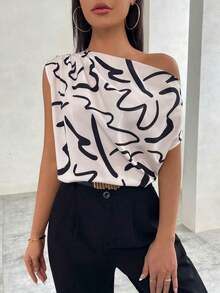 Blusa de mujer con estampado floral, cuello asimétrico y manga corta - Blanco y Negro - Ver 6