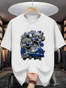 Men's Low-Rise T-Shirt With Comedy And Tragedy Mask Print "Laugh Now, Cry Later" - Short-Sleeve Crew Neck T-Shirt, 100% Cotton 200g Weight, Casual Urban Style, Plus Size, Suitable For Men, Machine Washable - Plus Size - 白色 - 查看 8