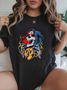 Unisex Pure Cotton T-Shirt With Casual Skull Print, Gothic Style, Unisex Men's And Women's T-Shirt With Colorful Skeleton Design, Ideal For Urban Fashion, Sizes S-XL, Black, Casual Wear, Youth 2023. Comfortable And Versatile For School, Work, Outings, And Casual Events. - 黑色 - 查看 1