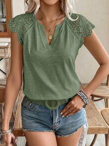 Frenchy Camiseta de algodón de bambú de unicolor de verano con parche de encaje blanco soluble en agua y escote en V. Cómoda y transpirable para uso diario, vacaciones y viajes.Estilo Cottagecore, blanco, temporada de bodas - Verde Oscuro - Ver 6