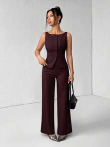PETITE Conjunto de chaleco y pantalones de un solo pecho de unicolor con cuello redondo, elegante traje de oficina para mujer, ropa de mujer de verano y otoño, conjunto de oficina, ropa casual de negocios, conjunto de dos piezas, ropa de oficina de otoño para mujer, conjunto de blazers para mujer - Granada - Ver 7