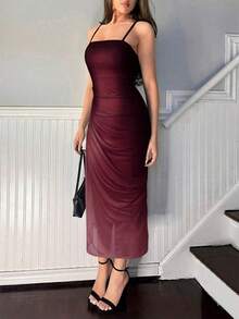 Vestido de tirantes de malla degradado elegante para mujer, de verano - Burdeos - Ver 3