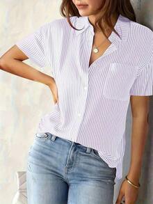 Blusa de mujer con rayas, blusa casual de manga corta, de verano - Morado - Ver 4