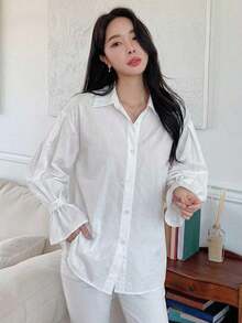 Camisa con volantes y hombros caídos a rayas verticales, blusas de manga larga, ropa de otoño - Blanco - Ver 5