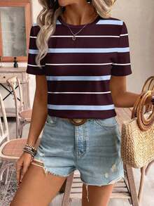 Camiseta de manga corta holgada con cuello redondo, estilo asimétrico a rayas, minimalista y casual, para mujer.Versátil y adecuada para primavera/verano y temporada deportiva - Multicolor 2 - Ver 6