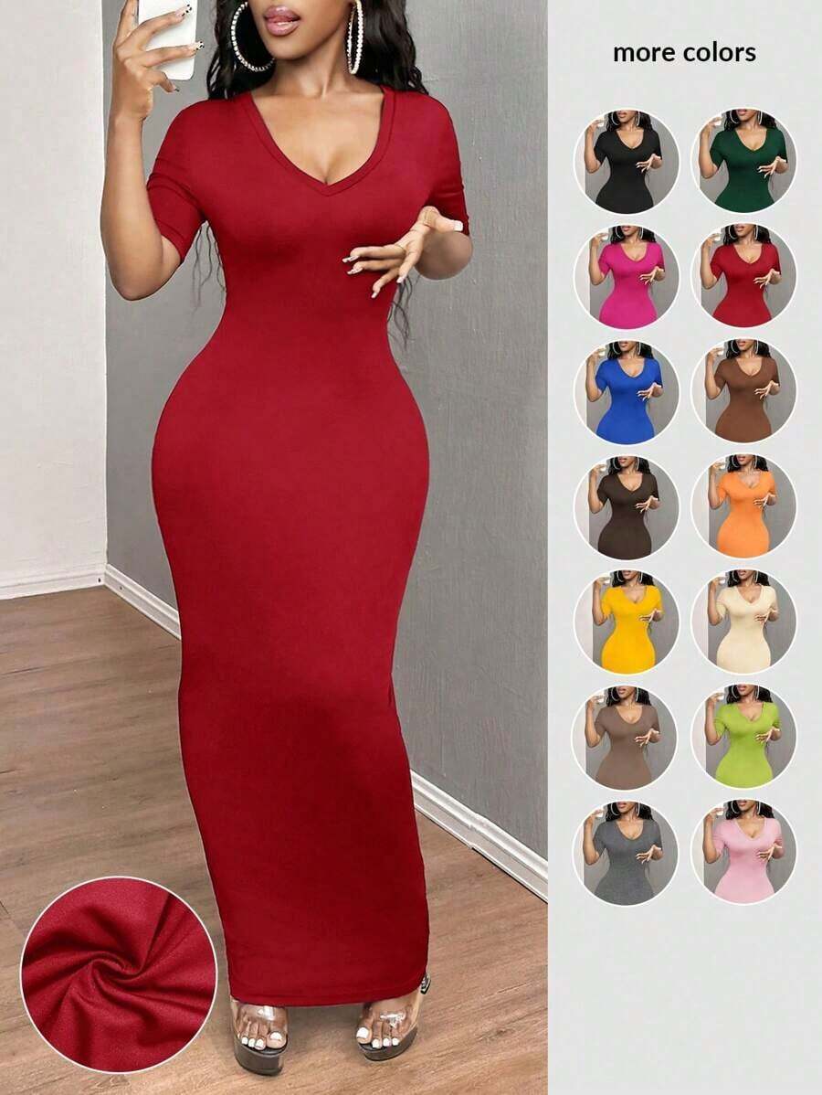 Vestido ajustado corto de manga corta con cuello en V liso para baile de graduación - Burdeos - Ver 1