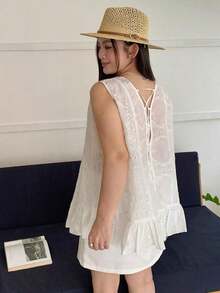Plus Blusa de mujer talla grande sin mangas con cuello en V y espalda descubierta con lazo para vacaciones y fiestas en la playa - Blanco - Ver 2