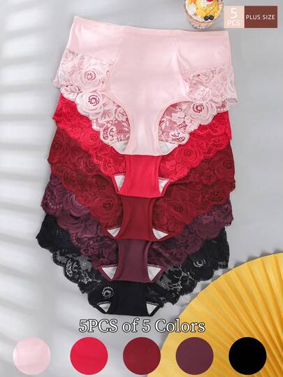 5pcs/Pack Plus Size Women's Solid Color Lace Patchwork Comfortable Sexy Briefs