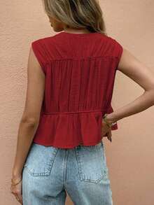 Frenchy Camisa informal de mujer sin mangas con botones de unicolor para vacaciones - Rojo - Ver 2