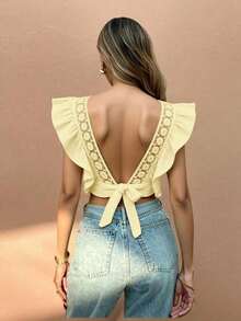 Frenchy Blusa de mujer con manga de volantes, parche de encaje y lazo de unicolor - Amarillo - Ver 3