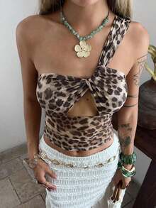 Camiseta sin mangas ajustada con tiras cruzadas huecas, estilo sexy y casual para mujer, Y2K - Marrón - Ver 2