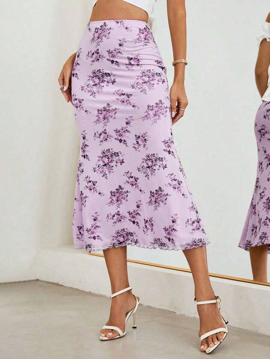 Falda de malla con estampado floral para mujer con cinturilla elástica y dobladillo de sirena - Lila Púrpura - Ver 1