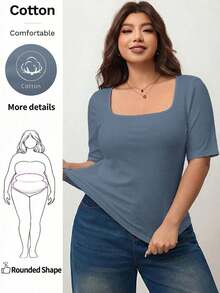 Camiseta de manga corta de cuello cuadrado de ajuste ceñido y elástica para mujer de talla grande, camiseta primavera y verano amigable con la piel, compatible con curvas redondeadas del Body, compatible con la forma del Body redondeada de Apple/20 - Azul marino - Ver 8