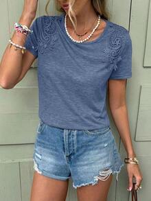 Camiseta casual de mujer de unicolor, cuello redondo, manga corta, para verano - Azul marino - Ver 6