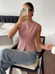 Camisa informal sin mangas con botones para mujer - Rosa - Ver 3