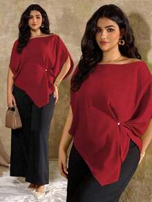 Blusa asimétrica de manga corta y hombros casuales franceses para mujer de talla grande - Rojo - Ver 1