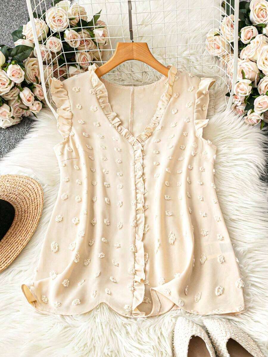 Blusa sin mangas de talla grande para vacaciones casuales con parches de puntitos suizos de mezcla de estilos y dobladillo con volantes - Albaricoque 2 - Ver 1