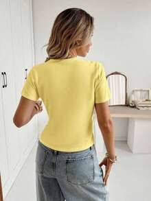 Cárdigan casual de mujer de manga corta, cuello redondo, con botones delanteros, de unicolor y delgado - Amarillo - Ver 2