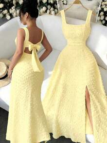 Nuevo vestido de punto texturizado sin mangas con cuello cuadrado, diseño de lazo en la espalda abierta, elegante vestido ajustado para fiesta - amarillo ganso - Ver 12