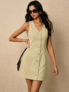 Vestido vaquero informal y de moda con botones delanteros y sin mangas para mujeres - Caqui - Ver 5