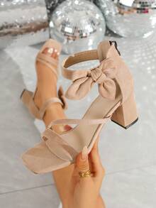 Sandalias elegantes y glamorosas con tacón grueso de punta cuadrada y decoradas con rhinestones, adecuadas para banquetes y fiestas, de moda y versátiles - Albaricoque - Ver 5