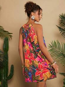Vestido corto holgado con hombros al descubierto y estampado tejido para mujeres para vacaciones - Multicolor 4 - Ver 2