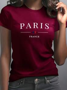 Women's Paris, France Graphic T-Shirt - Green Short Sleeve Casual Crew Neck Tee With Eiffel Tower And French Flag Design, Comfortable Medium Elastic Fit For Casual Wear, Women's T-Shirts - 白色 - 查看 8