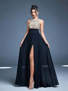Vestido de noche de cuello redondo y halter nuevo de , vestido de gasa con abertura alta y parches de lentejuelas para fiesta - Negro - Ver 3