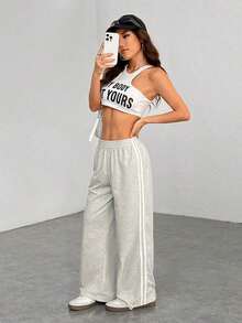 Pantalones casuales con rayas laterales negras, de estilo simple y de moda para uso diario, graduación, maestros y vuelta al colegio para mujeres - Gris Claro - Ver 5