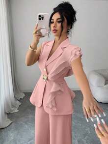 Traje formal elegante de mujer color albaricoque, conjunto de blazer con cuello de volantes de organza con lentejuelas y cintura con lazo, que incluye chaqueta sin mangas y pantalones rectos, color burdeos, adecuado para Halloween, Navidad, - Rosa Pálido - Ver 6
