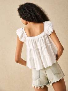 Blusa informal de mujer con volantes en el borde de unicolor - Blanco - Ver 2