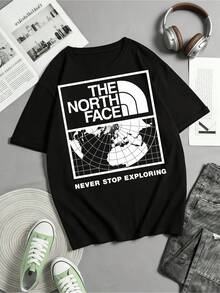 Vintage Graphic Mountain Coordinates T-Shirt, 100% Cotton, Outdoor Style - Black - View 1