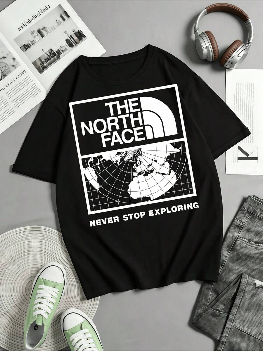 Vintage Graphic Mountain Coordinates T-Shirt, 100% Cotton, Outdoor Style - Black - View 1