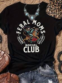 Camiseta de mujer con cuello redondo y estampado de letras y anime, de diseño sencillo, casual, negra, elástica, lavable a máquina, adecuada para primavera/verano/otoño. - Negro - Ver 1