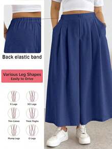 Comfortable And Loose-Fitting Elastic-Waist Pleated Shorts/Skirts, A Basic And Versatile Style For Everyday Wear, Flattering The Figure, In Apricot Color, For Plus-Size Women, For Spring/Summer - Blue - View 1