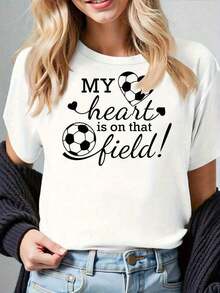 Women's 100% Cotton Soccer Jersey - Short Sleeve, Crew Neck, Casual Style With The Slogan "My Heart Is On That Field!" - Black/Grey/White/Dark Red - Suitable For All Seasons, For Games And Casual Wear - 白色 - 查看 1