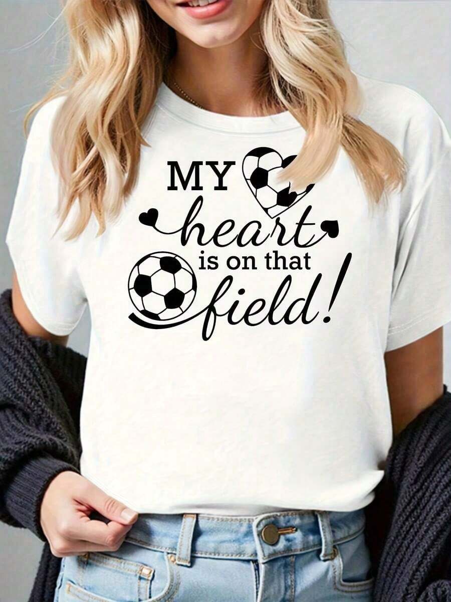 Women's 100% Cotton Soccer Jersey - Short Sleeve, Crew Neck, Casual Style With The Slogan "My Heart Is On That Field!" - Black/Grey/White/Dark Red - Suitable For All Seasons, For Games And Casual Wear - 白色 - 查看 1