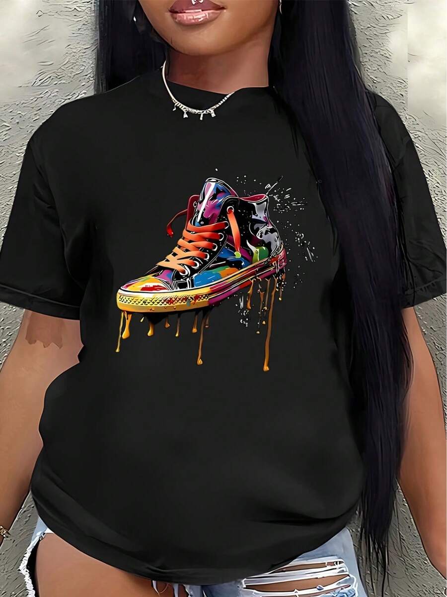 Camiseta de manga corta de poliéster, decorada con coloridos estampados de zapatillas deportivas, ligera y duradera, adecuada para el hogar, la oficina o para uso casual al aire libre, con un diseño artístico distintivo y un ajuste cómodo.women's shirts - Negro - Ver 1