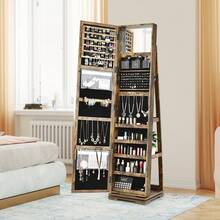 GOFLAME Free Standing Mirrored Jewelry Cabinet 360° Rotating Jewelry Armoire Lockable Jewelry Organiser With Full Length Mirror 96 Ring Slots - Rust Brown - View 8